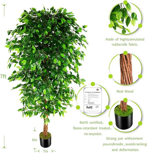 7ft Artificial Ficus Silk Tree (82in) with Plastic Nursery Pot Faux Tree, Fake Plant for Office House Farmhouse Living Room Home Decor (Indoor/Outdoor)