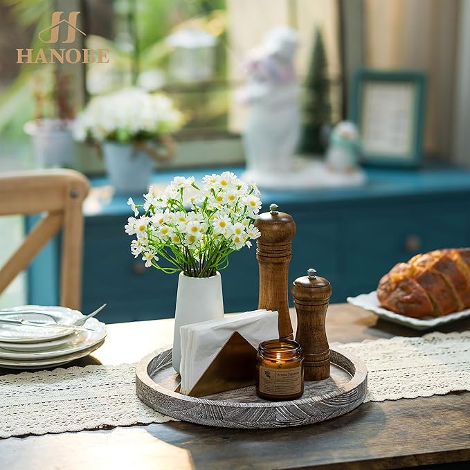 Hanobe Candle Plate Holder Tray: Decorative Wooden Tray Rustic Round Plate Farmhouse Centerpiece Small Candle Holder Trays for Coffee Table Living Room Kitchen Vintage Home Decor
