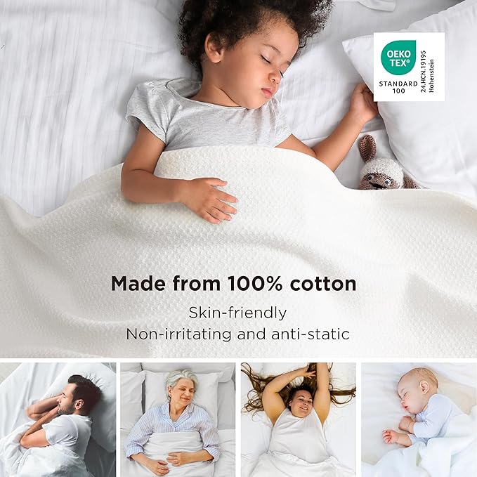 Bedsure GentleSoft 100% Cotton Blanket Queen Size for Bed - Breathable and Lightweight, Soft Cozy Textured Herringbone Woven Blanket for Summer, White, 90x90 inches