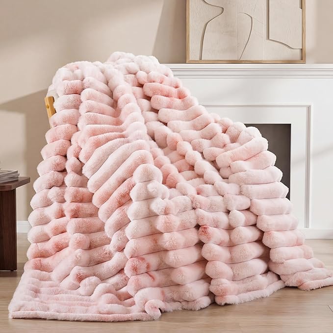 Smoofy Fluffy Faux Fur Throw Blanket - Super Soft Thick Plush Cozy Fuzzy Rabbit Fur, Luxury Warm Fleece Minky Stripe Blanket for Couch, Sofa, Room Decor Gift for Women, Tie Dye Pink Throw, 50x60