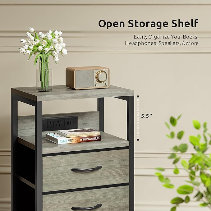 NightStand Bedside Charging Table Bedroom - Night Stand with Charger Station, Modern Nightstand with Open Shelf & 2 Fabric Drawers, End Table with USB-C USB Ports & AC Outlets for Dorm, Grey