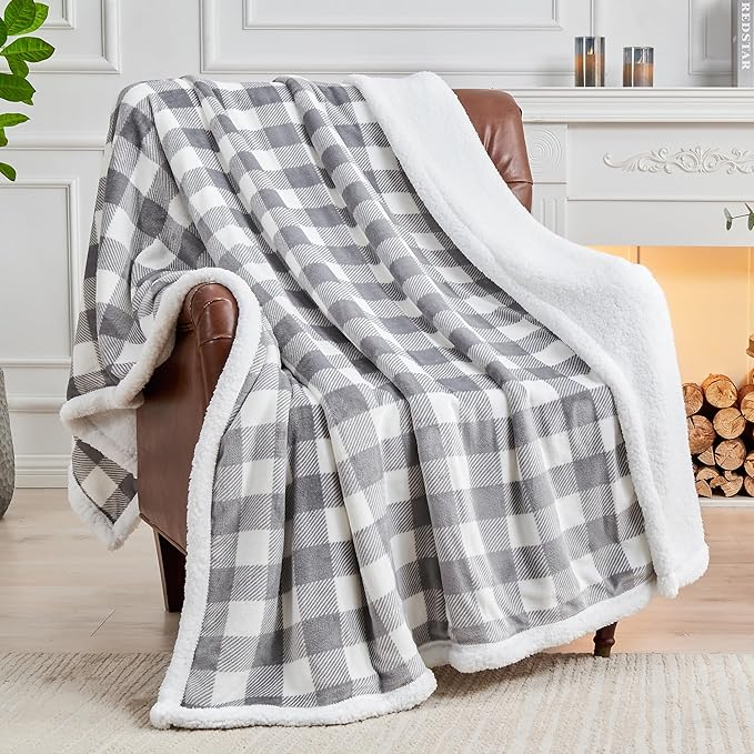 BEDELITE Sherpa Fleece Blankets King Size - Grey and White Buffalo Plaid Christmas Blanket, Super Soft Cozy Warm Thick Winter Blanket for Couch and Bed, 108" x 90"