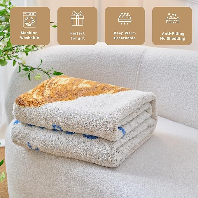 YIRUIO Croissant Pattern Plush Blanket & Pillowcase Set,Ultra Soft Cozy Warm Thick Fuzzy Fluffy 50x60 Throw Beige with 18x18 Pillow Cover for Bed Sofa Couch Home Decor Gift