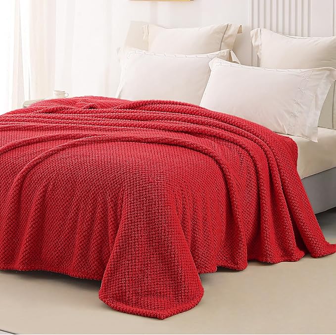 Whale Flotilla Twin Size Fuzzy Fleece Blanket for Bed, 60x80 Inch Fluffy Warm Soft Jacquard Blankets for All Season, Lightweight and Cozy, Red