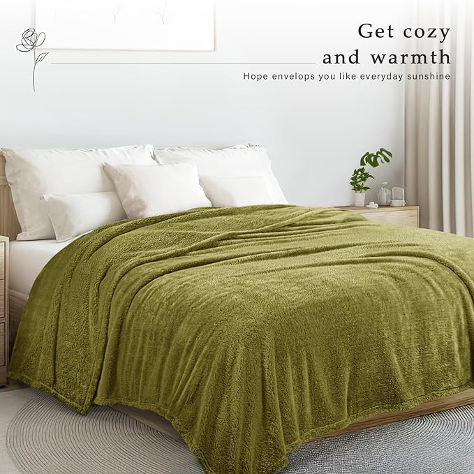 Exclusivo Mezcla Queen Size Blanket for Bed, Super Soft Velvet Plush Fleece Blankets, Fuzzy Cozy and Warm for Winter, 90x90 Inches, Olive Green