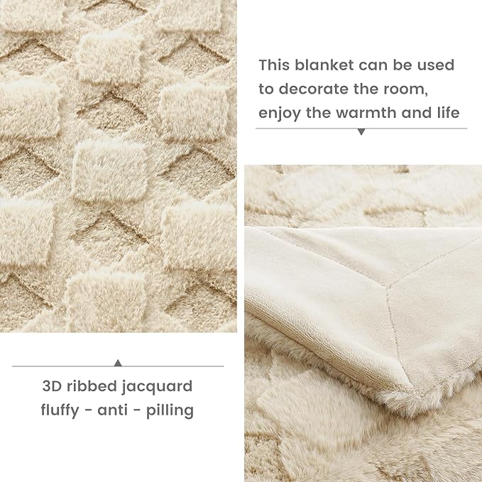 Cozy Bliss Faux Fur Textured Throw Blanket for Bed Super Soft Fuzzy Checkered Couch Blanket Gift for Women Premium 3D Geom Jacquard All Season Use Khaki Beige 60"*80"