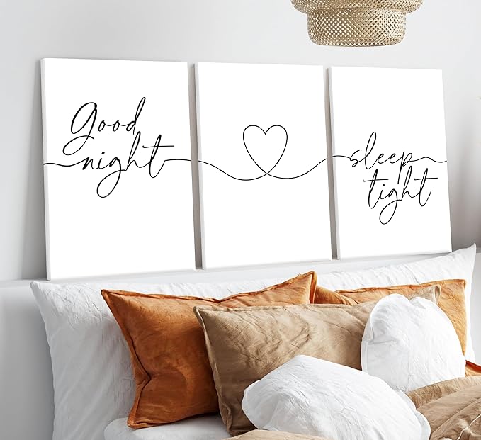 3Pcs Minimalist Style Wall Art Bedtime Quotes Painting Picture Wall Decor Good Night Sleep Well Black Line Art Heart Shape and Phrase Poster Print Artwork for Living Room Bedroom Home Decoratio