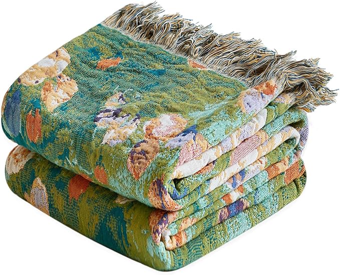 Boho Throw Blanket - 100% Cotton Throw Blankets for Bed Couch, 60"x80" Soft Muslin Lightweight Spring Throw Blanket, Cozy Floral Plant Printed Bohemain Bedding Decor Green Throw Quilt