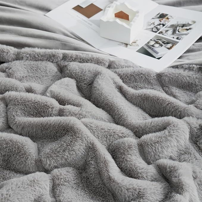 Cozy Bliss Deluxe Sheared Rabbit Faux Fur Throw Blanket, Soft Fuzzy High-Low Sculpted Plush Blanket for Couch, Cozy Home Accent, All Season Use, Grey 60"x80"