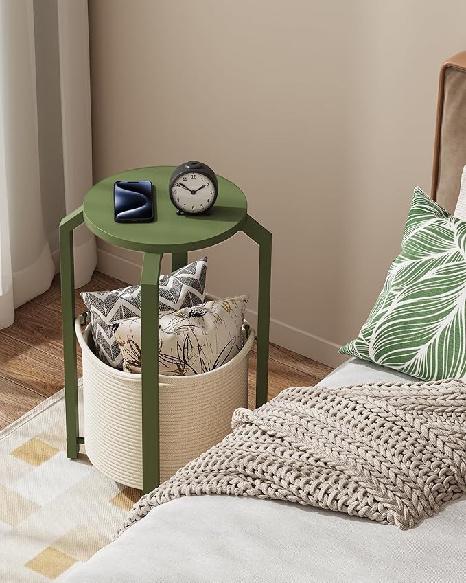 TUTOTAK Small Side Table, Round End Table, Night Stand, Bedside Table, Sofa Table with Storage Basket, Living Room, Bed Room, Olive Green TB01BOG092