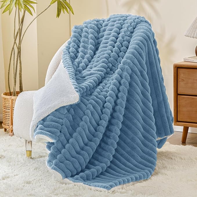 INFIIXSO Sherpa Throw Blanket for Couch - Super Soft & Warm Striped Fleece Blanket, Cozy Plush Fluffy Blanket All Season Use (Light Blue, 50x60 Inches)