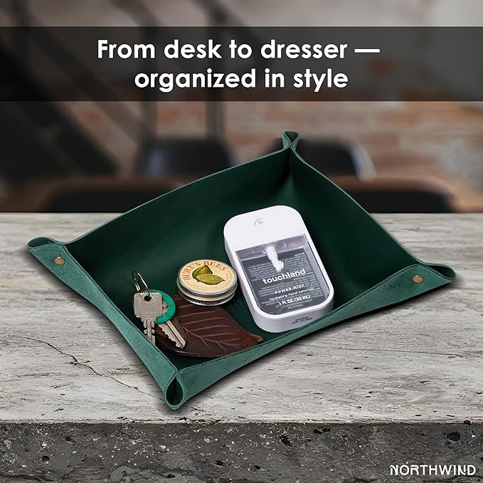 Northwind Personalized Leather Valet Tray – Made in USA - Custom Monogramed Full Grain Leather Catchall Tray for Men, Desk Organizer & Groomsmen Gift, Perfect Storage for Nightstand, Dresser