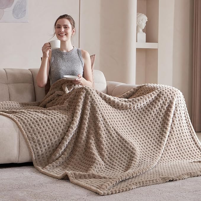 Soft Cozy Fuzzy Fleece Throw Blanket, Waffle Light Taupe, 50x60 Inches – Lightweight, Fluffy, and Warm 3D Jacquard All-Season Blanket for Couch, Bed, Sofa, Home Decor, Camping, and Travel