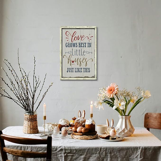 Farmhouse Family Wood Wall Decor: Rustic Home Sign Framed Art Picture Love Grows Best in Little Houses Inspirational Quote Print Artwork for Bedroom Living Room Kitchen Decorations