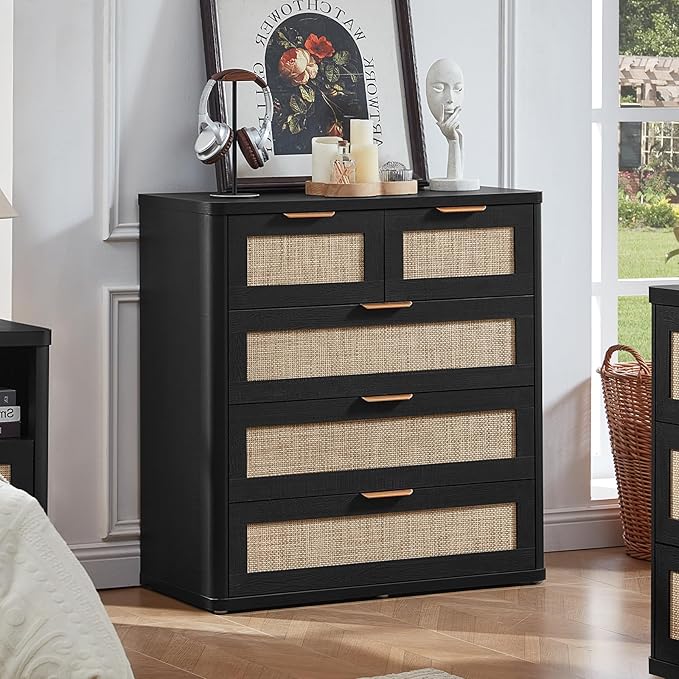 LEYAOYAO Rattan Dresser for Bedroom Set of 2, 33.5" Tall Chest of Drawers, Modern 5 Drawers Boho Dressers with Storage, Light Oak Dresser Wooden Closet Organizer for Living Room, Hallway, Black