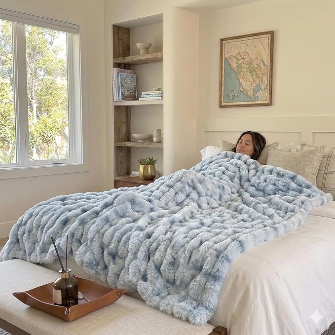 Luxury 1000GSM Throw Blanket, 60x80 Inches, Ultra Soft Double-Sided 3D Bubble Textured Faux Rabbit Fur, Frosted Blue & White, Reversible High-Density Plush Warm Blanket for Sofa & Bed