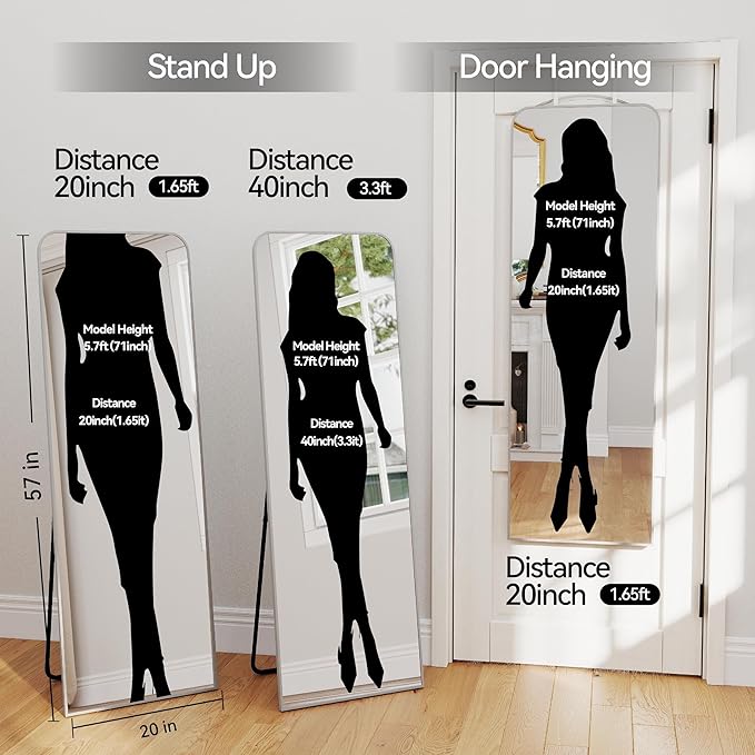 57x20 Door Hanging Full Length Mirror, Floor (Height 5.7ft just Body in 1.3ft) or Wall Mounted Metal Frame Rectangle Dressing Mirrors for Bedroom Bathroom Living Room 57 inch Silver