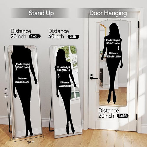 57x20 Door Hanging Full Length Mirror, Floor (Height 5.7ft just Body in 1.3ft) or Wall Mounted Metal Frame Rectangle Dressing Mirrors for Bedroom Bathroom Living Room 57 inch Silver