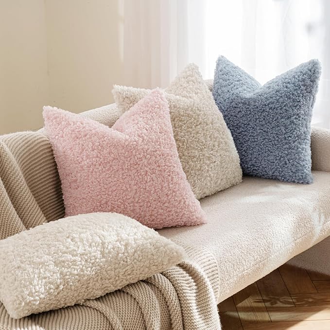 MIULEE Pack of 2 Dusty Blue Faux Fur Throw Pillow Covers 18x18 Inch Boucle Decorative Sherpa Pillow Covers Fuzzy Accent Soft Sheepskin Fleece for Boho Home Decor Sofa Living Room Couch Bed