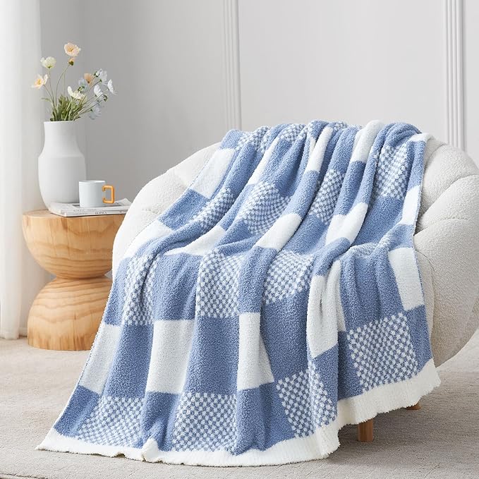 Snuggle Sac Checkered Blanket, Blue Throw Blanket for Couch Plaid Microfiber Fluffy Warm Fuzzy Cozy Soft Throw Blanket Reversible Checkerered Blankets for Sofa, Chair, Bed, 50x60 inches