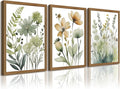 Sage Green Botanical Wall Art Boho Floral Wall Decor Minimalist Plant Canvas Pictures Flower Botanical Prints Watercolor Wildflower Poster Painting for Bathroom Bedroom 12x16x3 Inch Wood Frame