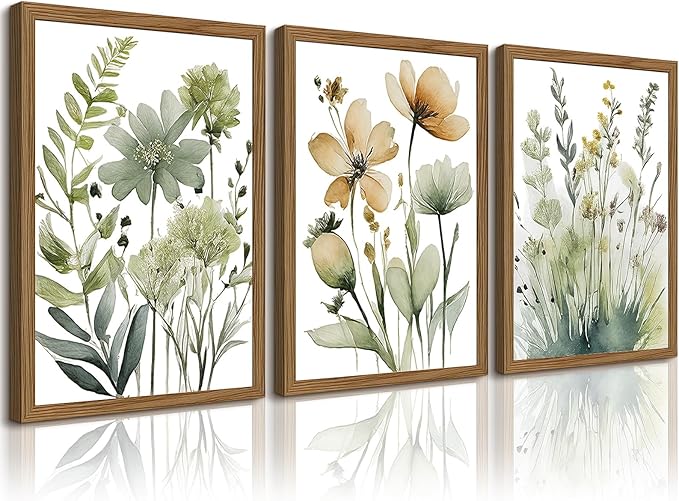 Sage Green Botanical Wall Art Boho Floral Wall Decor Minimalist Plant Canvas Pictures Flower Botanical Prints Watercolor Wildflower Poster Painting for Bathroom Bedroom 12x16x3 Inch Wood Frame