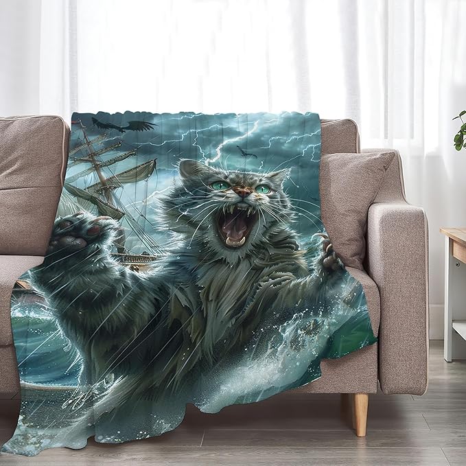 Flannel Cat Throw Blanket 80"x60" Blue and White Modern Style for Adults and Children, Lightweight, Anti-Allergy, Perfect for Napping, Reading, Travel, Camping