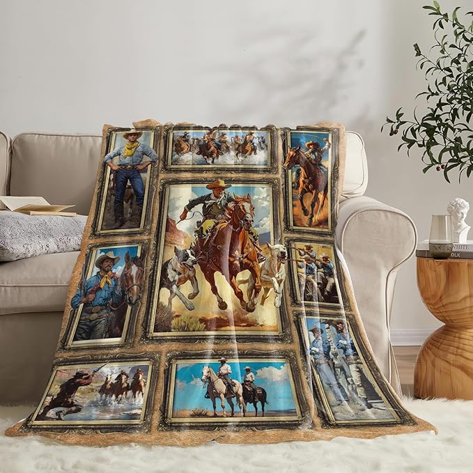 Western Cowboy Blanket for Girls Women Boys Men Adults Kids Soft Cozy Fleece Country Wild West Throw Blankets Gifts Warm Flannel Plush Stuff Lightweight Decorative for Couch Bed Sofa 50"X40"