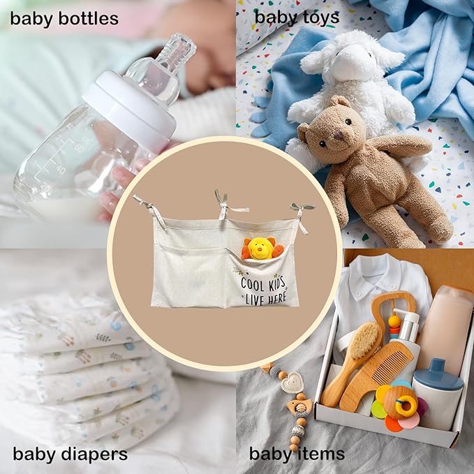 Cute Linen Baby Crib Hanging Storage Organizer, 2 Pockets Nursery Playpen Cloth Bag with Strap, Minimalist Nordic Lightweight Bedside Caddy for Diaper Wipes & Small Toys, Baby Shower Decor Funny Gift