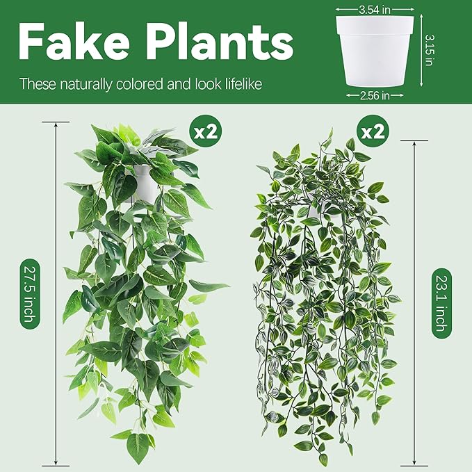 Der Rose 4 Pack Fake Plants Hanging Faux Potted Ivy Vine Artificial Mandala Plants for Room Bathroom Wall Shelf Decor Indoor