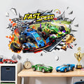 3D Racing Car Wall Decals - Speeding Race Car Break Through Wall Stickers for Boys Kids Toddles Teens Bedroom Nursery Playroom Classroom Decor