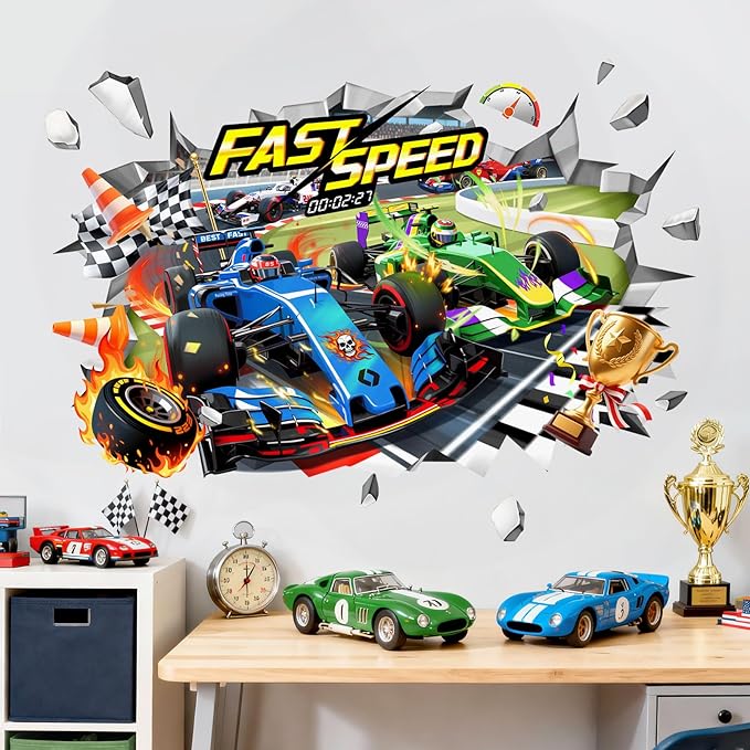 3D Racing Car Wall Decals - Speeding Race Car Break Through Wall Stickers for Boys Kids Toddles Teens Bedroom Nursery Playroom Classroom Decor