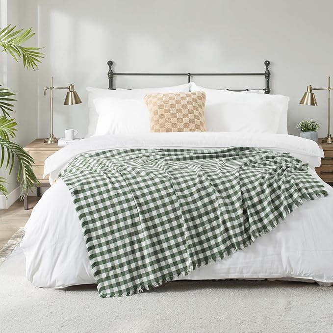 100% Cotton Throw Blanket Plaid Soft Lightweight Cozy Farmhouse Tassels Summer Thin Breathable Throws for Couch Sofa Bed (60" × 80" Green)