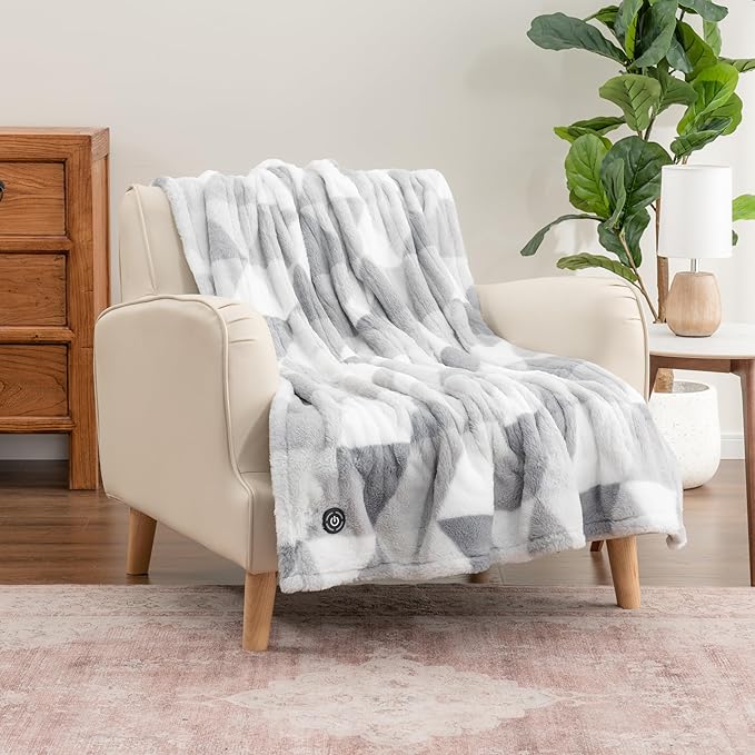 Berkshire Blanket Heated Throw Blanket, Grace Fur to Loftmink Reversible Electric Throw with 4 Heat Levels, Fast Heating Printed Throw for Couch and Bed, Auto Shut-Off Feature (50"x60")