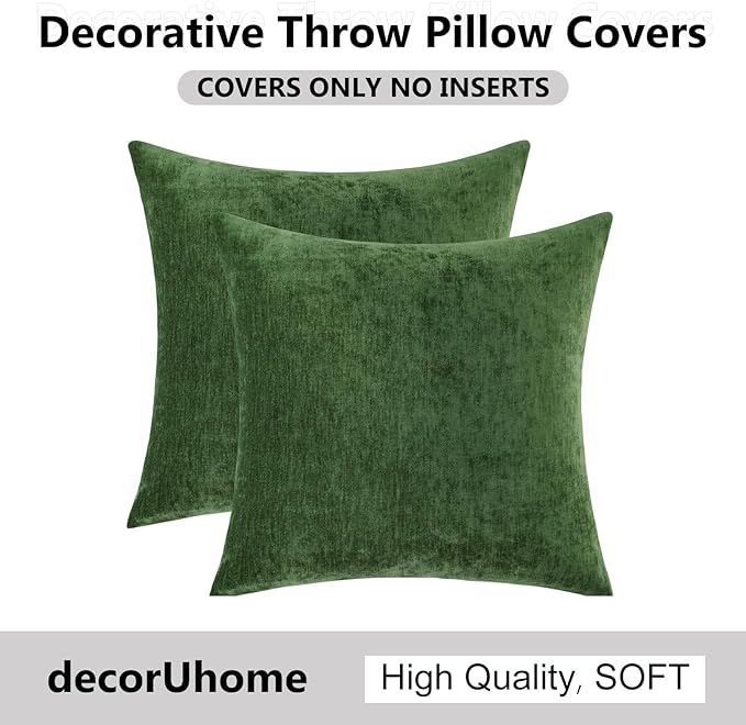 decorUhome Chenille Moss Green Throw Pillow Covers 20x20 Inch Set of 2, Decorative Soft Couch Pillow Covers Solid Dyed Accent Farmhouse Neutral Square Pillow Cases for Sofa