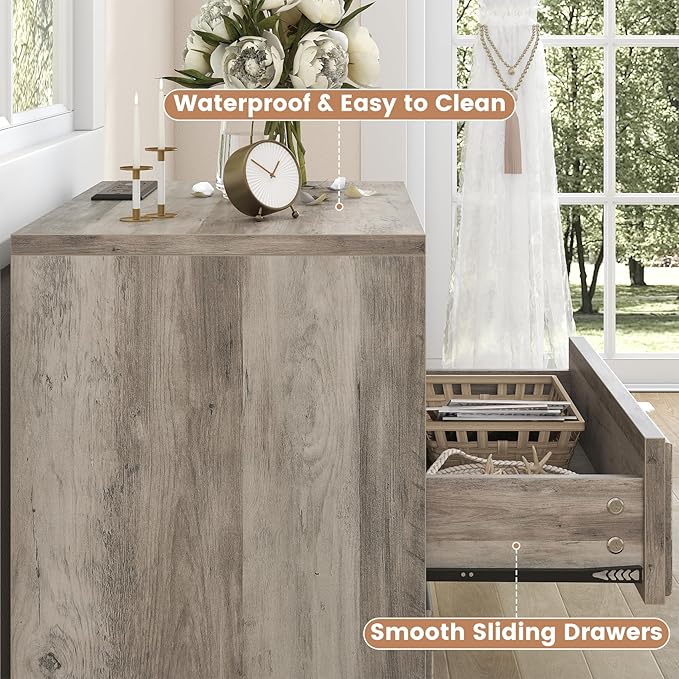 Farmhouse Nightstand with Charging Station, 21.7" Wide End Table with 2 Drawers & Open Compartment, Grey Wood Side Table, Bedside Table for Bedroom, Living Room, Sofa