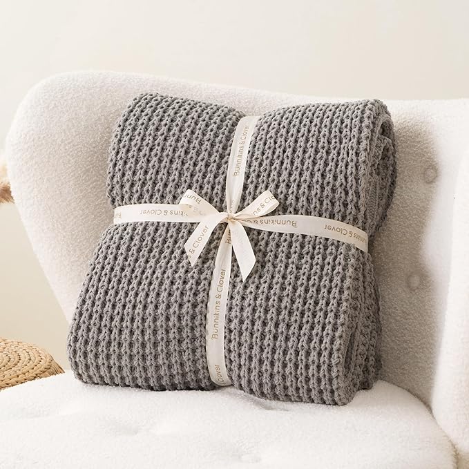 Bunnikins & Clover Light Grey Throw Blanket for Couch, Soft Knitted Chenille Throw Blanket for Sofa, Chair, Living Room, Cozy Gray Throw Blankets for Bed, 50"x60"