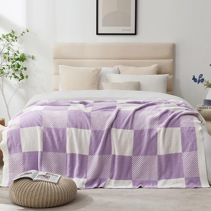 Snuggle Sac Checkered Blanket, Lilac Purple Throw Blanket for Couch Plaid Microfiber Fluffy Warm Cozy Fuzzy Soft Throw Blanket Reversible Checkerered Blankets for Sofa, Bed, 60x80 inches