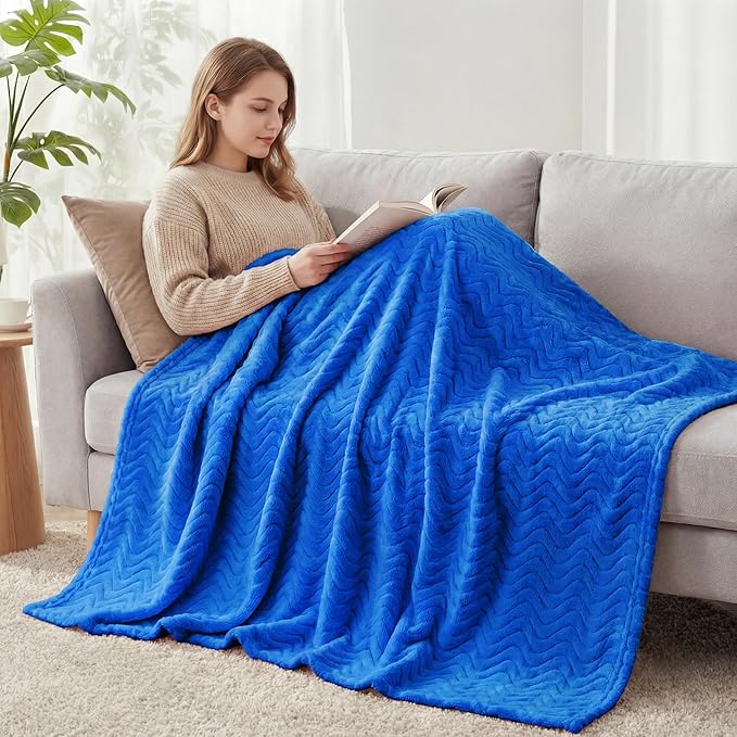 Exclusivo Mezcla Fleece Throw Blanket for Couch, Cozy Lightweight Blankets for All Season, Decorative Giftable Fuzzy Plush Wave Textured Throws for Women, Men, Cobalt Blue, 50x70 Inches