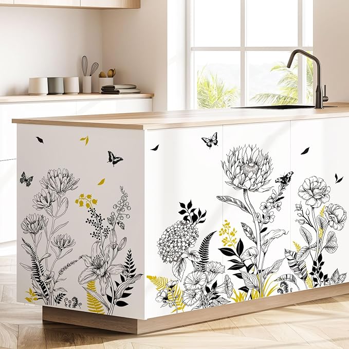 Black Yellow Flower Wall Decals, 3 Sheets Sketch Garden Floral Wall Stickers Simple Line Wildflower Grass Butterflies Art Decor Bedroom Bathroom Hallway Sofa Gifts for Mom(11.8x35.4 in/Sheet)