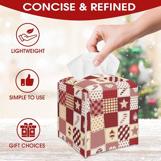 Christmas Patchwork Print Design Tissue Box Cover Holder, Cute Waterproof Tissue Box Cover Square, Xmas Gift Ideas for Family Friends, Bathroom Kitchen Car Office Home Decor(5.2 Inches)-B19