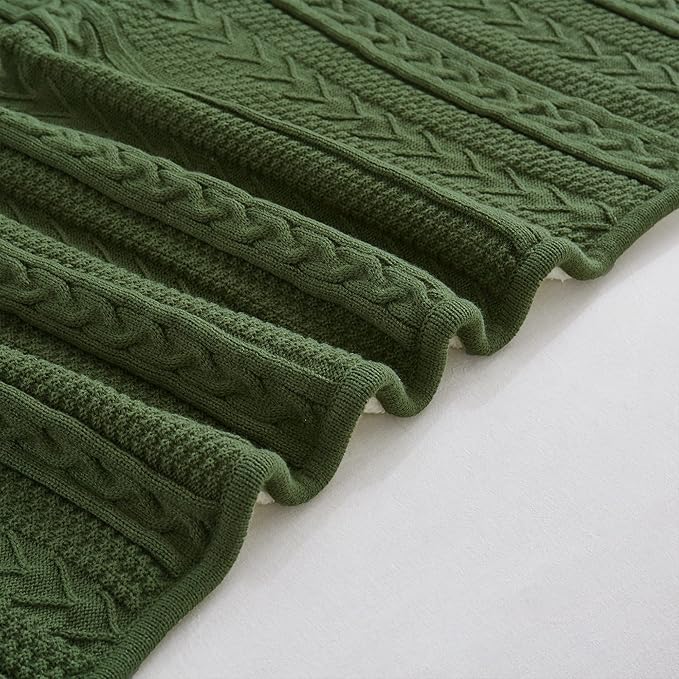 Longhui bedding Olive Green Acrylic Cable Knit Sherpa Throw Blanket - Thick, Soft, Big, Cozy Knitted Fleece Blankets for Couch, Sofa, Bed - Large 60 x 80 Inches Coverlet All Season