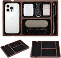 Valet Tray, Multi-Space Acacia Wood Leather Surface Desk Organizer Tray with Charging Assistance Port for Office or Study Room, Nightstand Organizer for EDC, Store Phone, Watch, Wallet, Keys, Jewelry