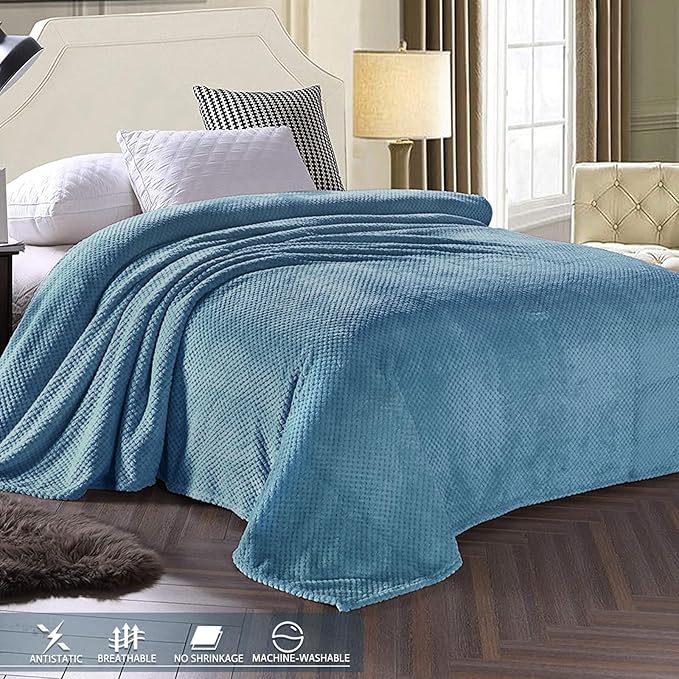 Exclusivo Mezcla Fleece Bed Blanket Twin Size, Super Soft and Warm Blankets for Couch, Sofa and Bed Waffle Textured, Cozy, Fuzzy and Lightweight (Slate Blue, 60x80 inches)