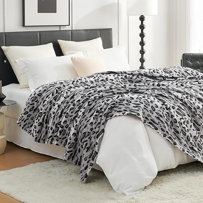 Cozy Bliss Leopard Print Fuzzy Throw Blanket for Bed & Couch, Thick Soft Warm Fleece Blankets for Room Decor, for Girls Kids Women Men, Snow Leopard, Grey 90"*90"