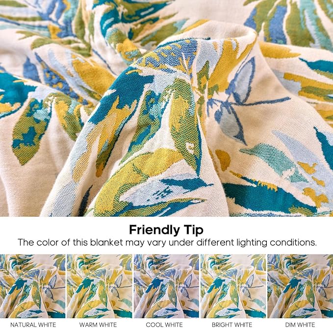 Boho Throw Blanket 50"x60" 100% Cotton Couch Tassel Blanket with Leaf Pattern,Soft Breathable Lightweight Spring Decorative Reversible Blankets for Sofa Bed Decor All Season