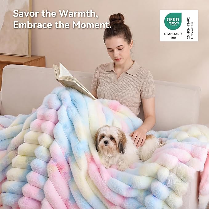 Smoofy Fluffy Faux Fur Throw Blanket - Super Soft Thick Plush Cozy Fuzzy Rabbit Fur, Luxury Warm Fleece Minky Stripe Blanket for Couch, Sofa, Room Decor Gift for Women, Colorful Rainbow Throw, 50x60