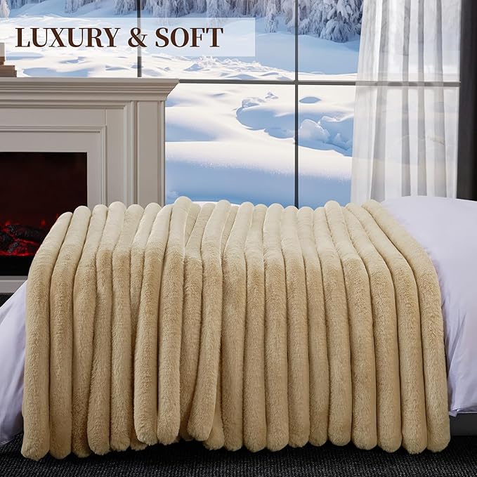 Fluffy Faux Fur Throw Blanket King Size, Thick 1000GSM Soft Cozy Throw Blankets for Bed, Plush Striped Warm Fuzzy Blanket for Couch LivingRoom Home Decor & Gifts(90"x 104", Beige)