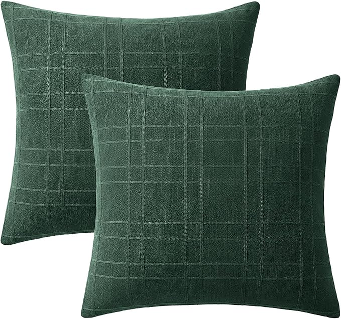 MIULEE Decorative Linen Check Euro Shams Throw Pillow Covers Neutral Farmhouse Vintage Spring Pillow Covers 24x24 Set of 2 Boho Modern Home Decor for Sofa Couch Bedroom Cushion Dark Green
