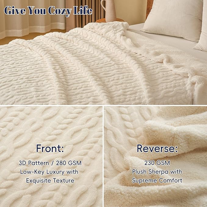 PHF Ultra Soft Sherpa Fleece Blanket Queen Size 90" x 90", 510GSM Fleece Lightweight Yet Warm Blanket for Winter Bed, No Shedding, No Pilling, Tufted Jacquard for Luxury Home Decor, Natural Cream